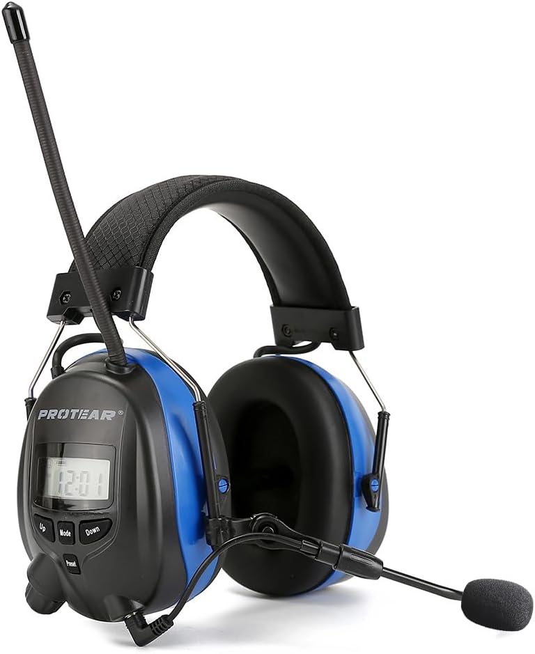 Hearing Protection with Boom Microphones,Digital AM FM Radio Earmuffs Power by 3pcs AAA Battery,Bluetooth Radio Headphone for Mowing Lawn Workshop Working (Blue)
