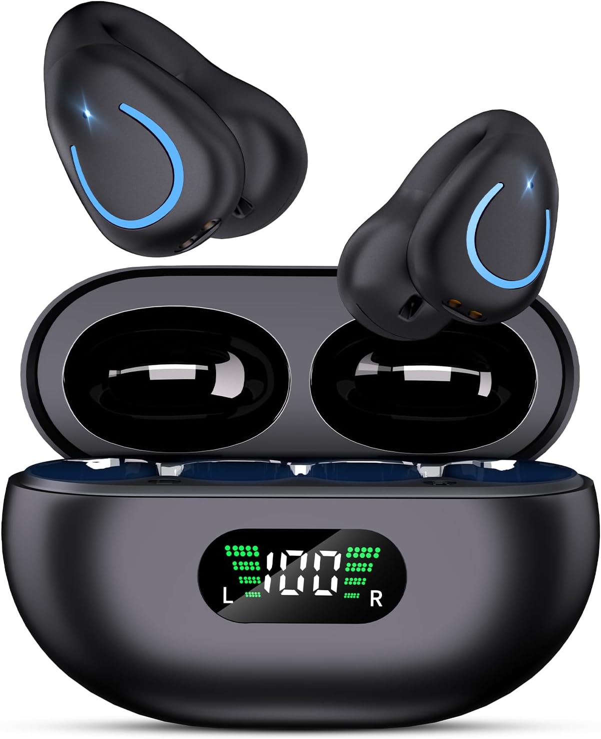 Open Ear Bone Conduction Headphones,True Wireless Bluetooth 5.3 Lightweight Comfort Clip On Earbuds with LED Digital Display Charging Case Sport Built-in Mic IPX7 Waterproof for Running Fitness,Black