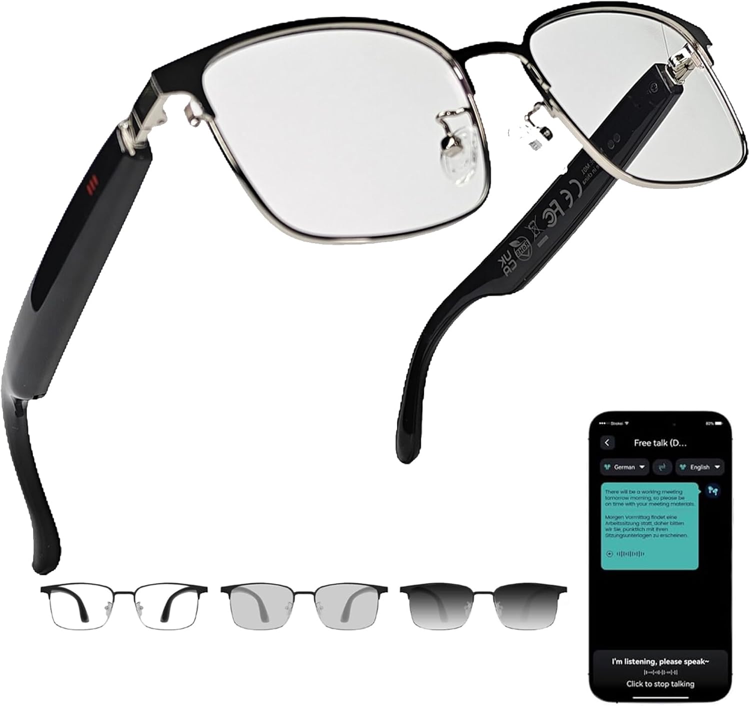 Ai Translation Smart Glasses with Chat GPT Bluetooth for Men Women with 140 Language Color-Change Lens Clear Headphone with Speaker Sunglasses,Travel Meeting Trade Business