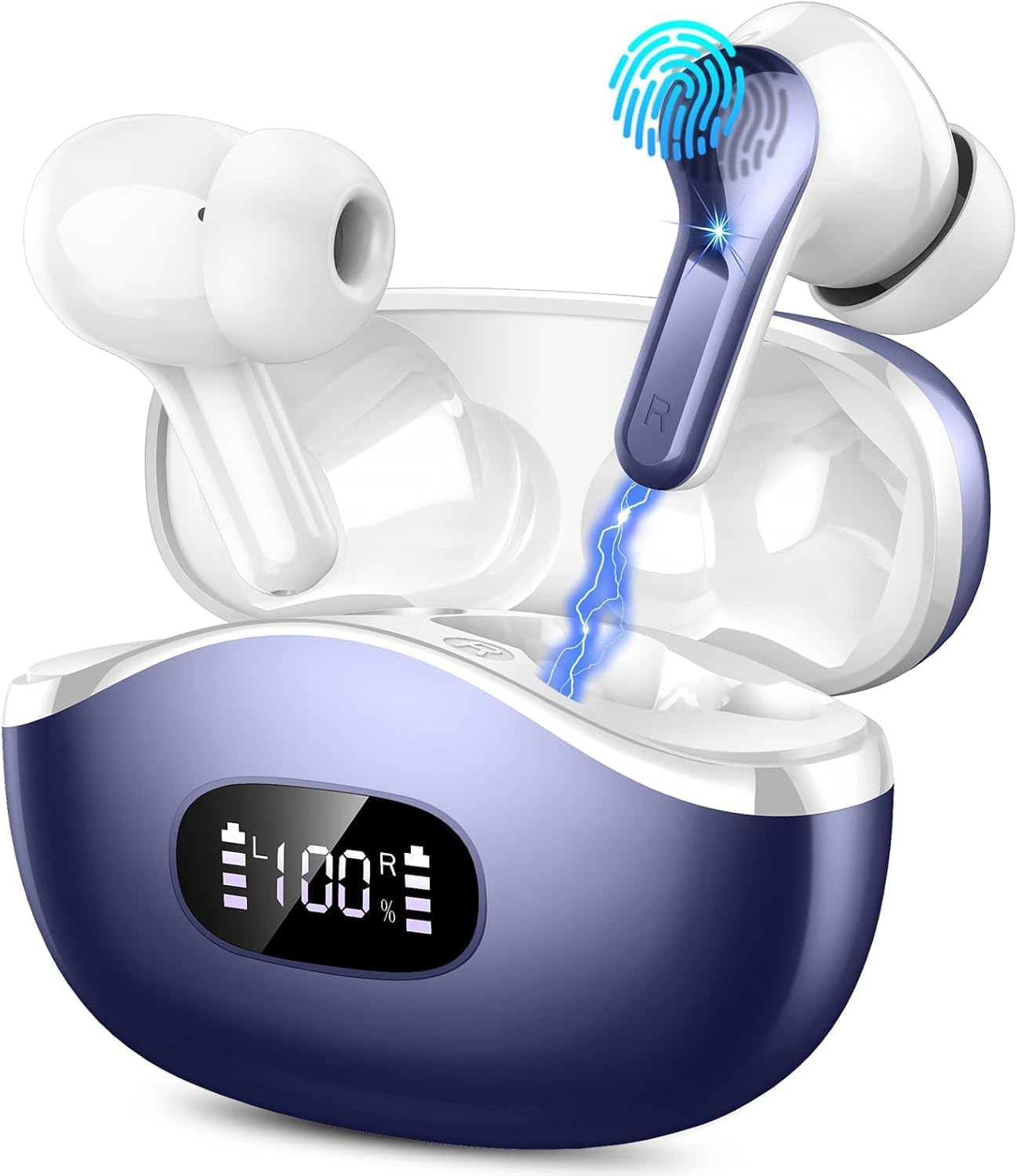 Wireless Earbuds, Bluetooth Headphones 5.4 HiFi Stereo Ear buds with ENC Noise Cancelling Mic, 40H Bluetooth Earbuds with Dual LED Display Charging Case, IP7 Waterproof Earphones for Android iOS, Blue