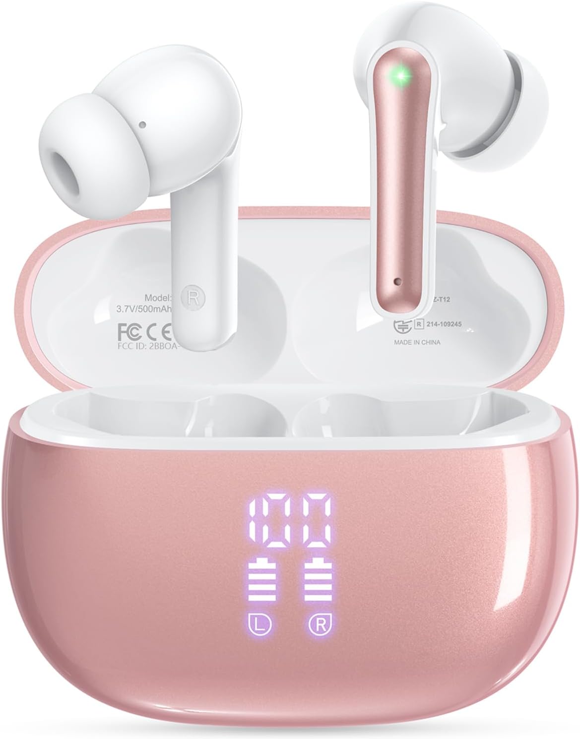 Ear Buds Wireless Earbuds – Bluetooth Headphones 40H Playtime LED Display Deep Bass Stereo in-Ear Earphones with IPX7 Waterproof for iPhone Android Phone Tablet Laptop, Rose Gold