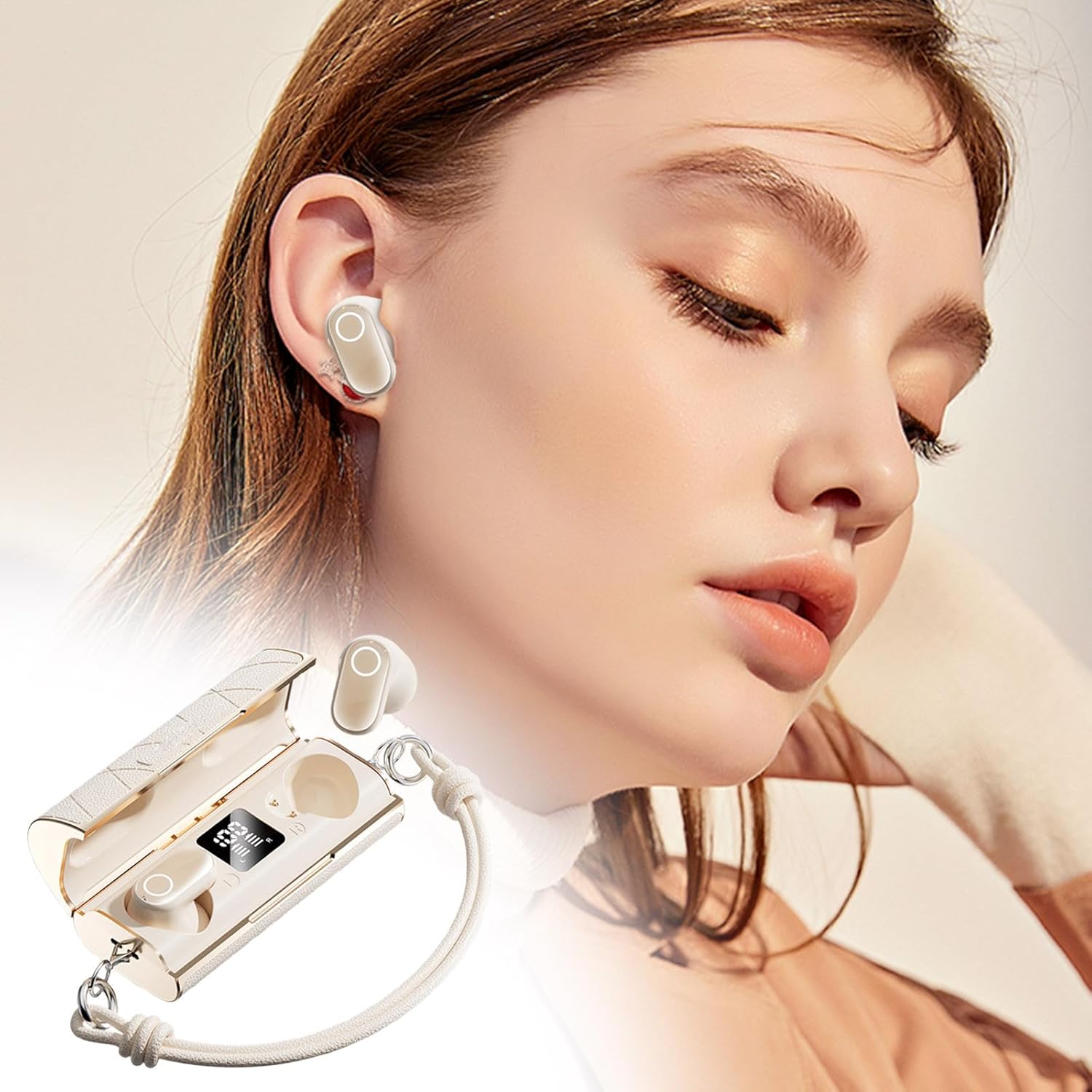 Wireless Headphones, Earbuds, Bluetooth Earphones with Long Battery, Digital Display, Leather Storage Box with Portable Strap, Quality Sound, Compact and Lightweight, Beige