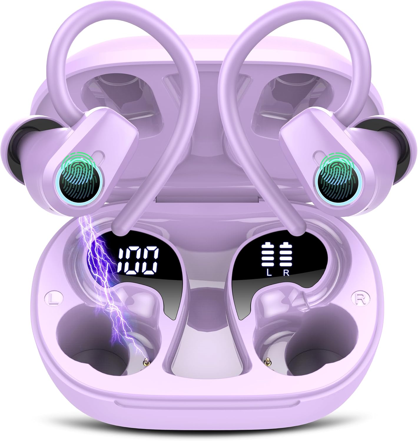 Wireless Earbuds, Bluetooth 5.3 Headphones Sport, In Ear buds Wireless Earbuds Bluetooth 50H Playtime LED Display, Deep Bass Stereo Noise Cancelling Headphones, IP7 Waterproof Earphones, Bright Purple