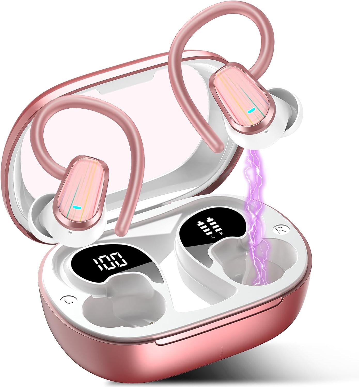 OYIB Wireless Earbuds Bluetooth 5.4 Headphones Sport, Stereo Deep Bass Bluetooth Earbuds with Earhooks, 50H Over Ear Bud with ENC Mic, IP7 Waterproof Wireless Earphone for Workout/Running, Pink