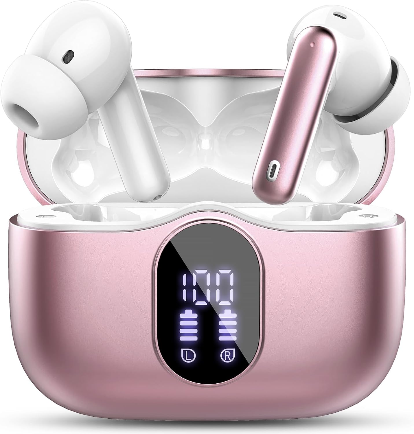 Wireless Earbuds Bluetooth 5.4 Headphones Bass Stereo Ear Buds with Noise Cancelling Mic LED Display in Ear Earphones IP7 Waterproof 36H Playtime for Laptop Pad Phones Sports Workout Rose Gold
