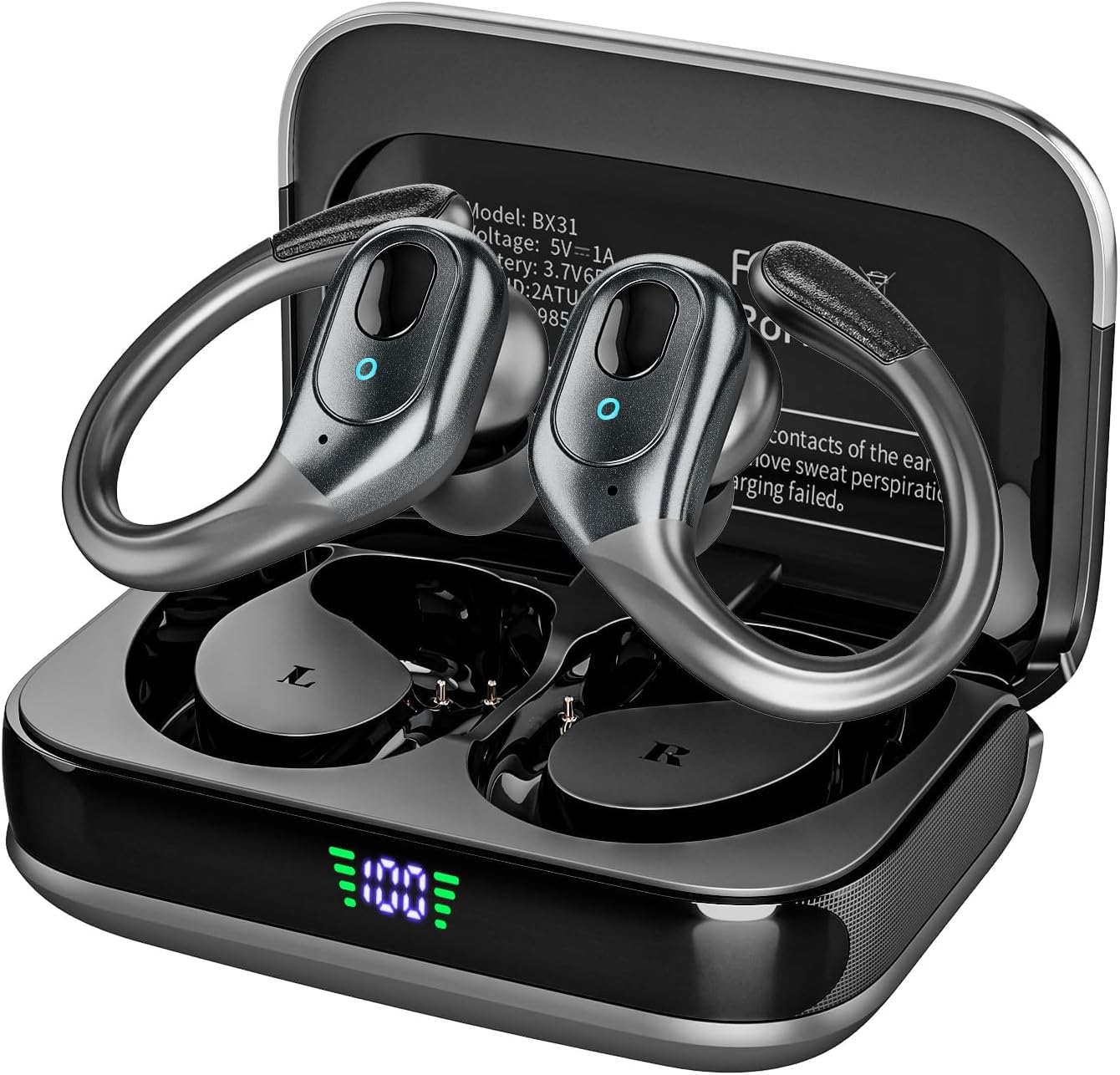 Wireless Bluetooth Earbuds, 75Hrs Playback, LED Display Charging Case, Ear Hooks, IPX7 Waterproof, Over-Ear Design for Sports, Running, Workout Black