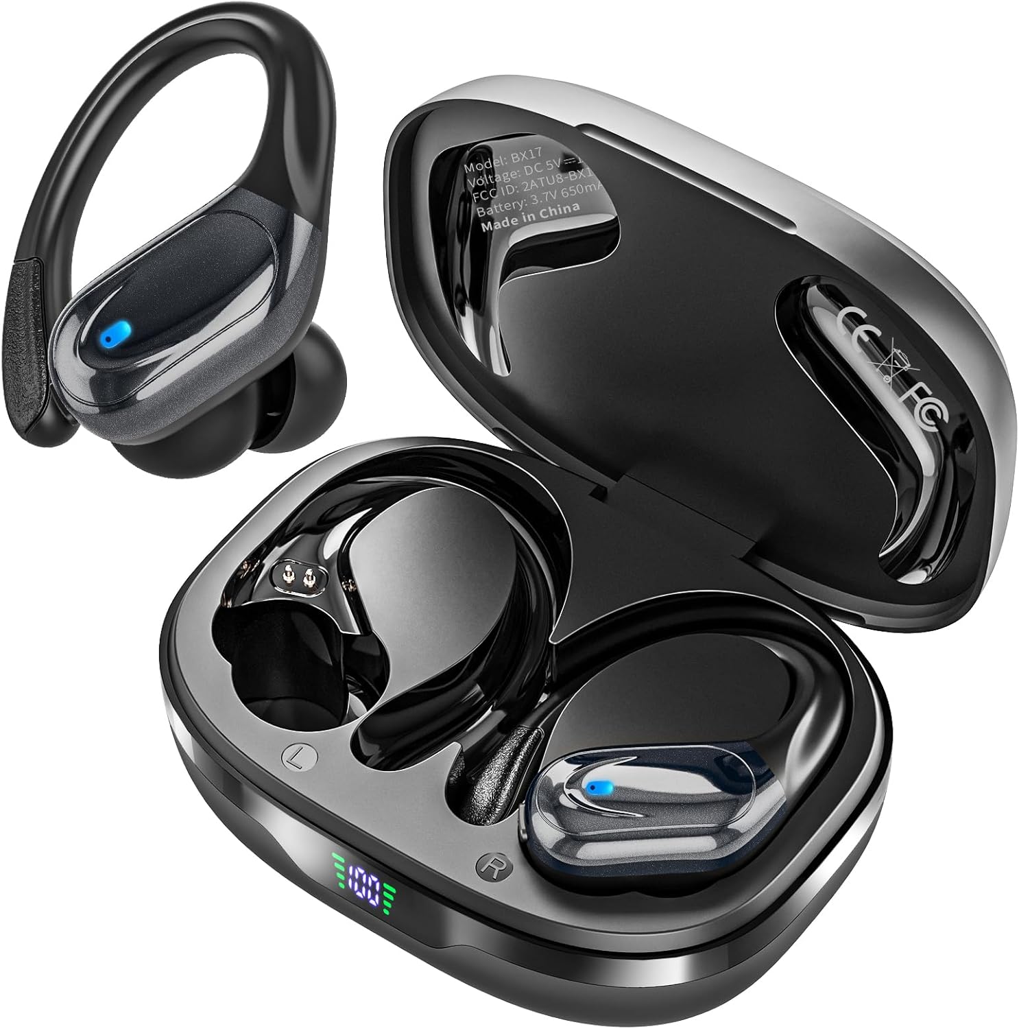 Catitru Wireless Earbuds Bluetooth Headphones 80H Playback Ear Buds Power Display with Noise Canceling Mic with Earhooks for Sports/Workout – Black