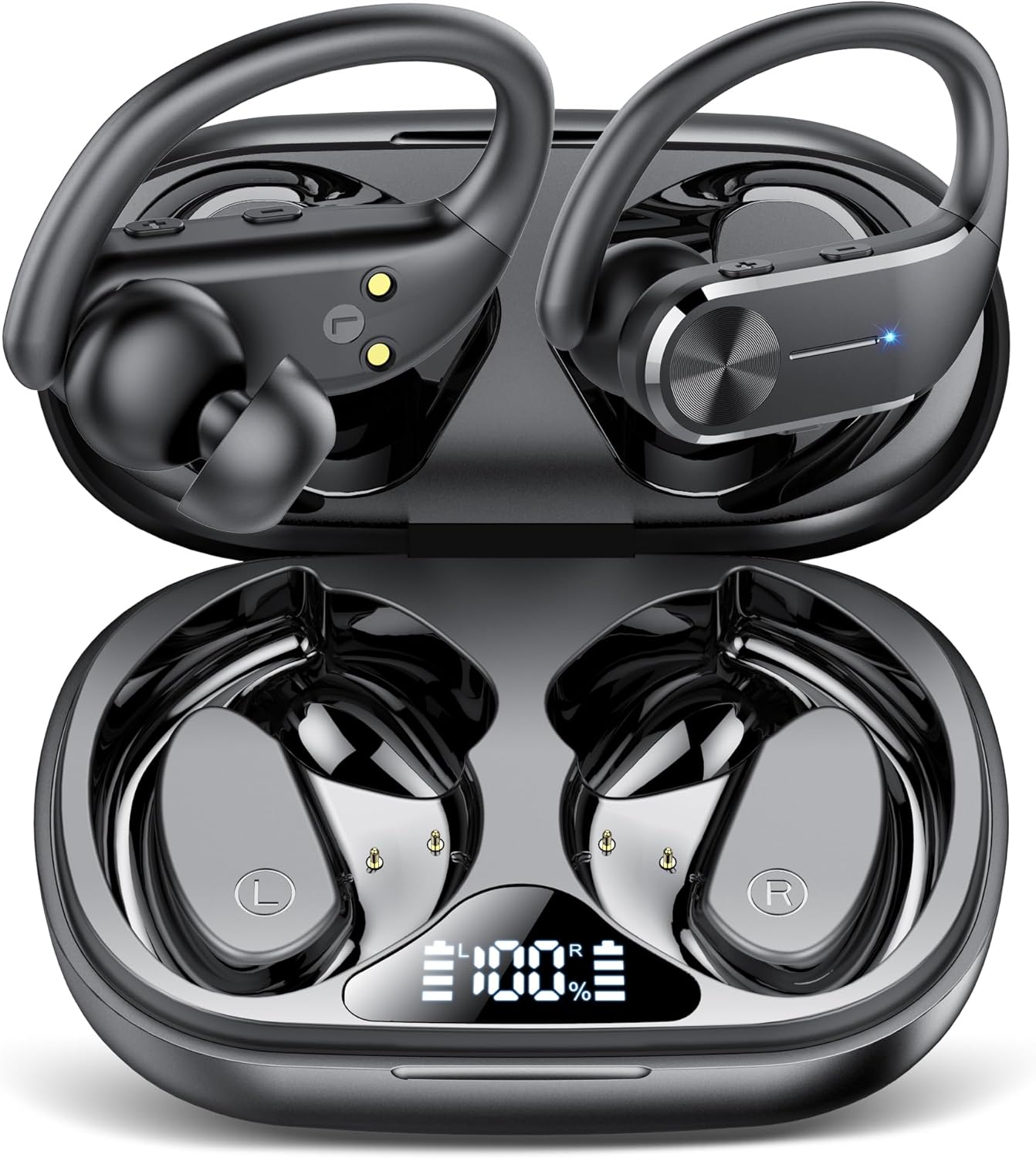 Ear Buds Wireless Earbuds Bluetooth 5.3 HiFi Stereo Running Headphones 68Hrs Playtime Over Ear Headphones with Earhooks for Sport, LED Digital Display IPX7 Waterproof USB C for Running/Work