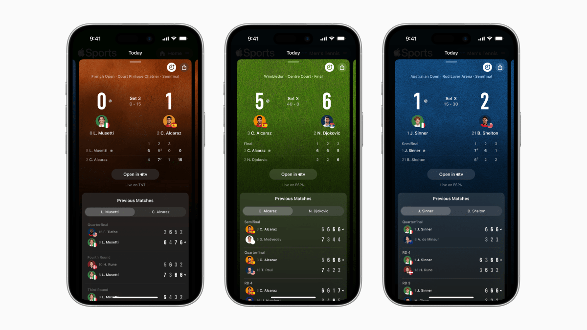 Apple Sports App adds live tennis score and a redesign home screen