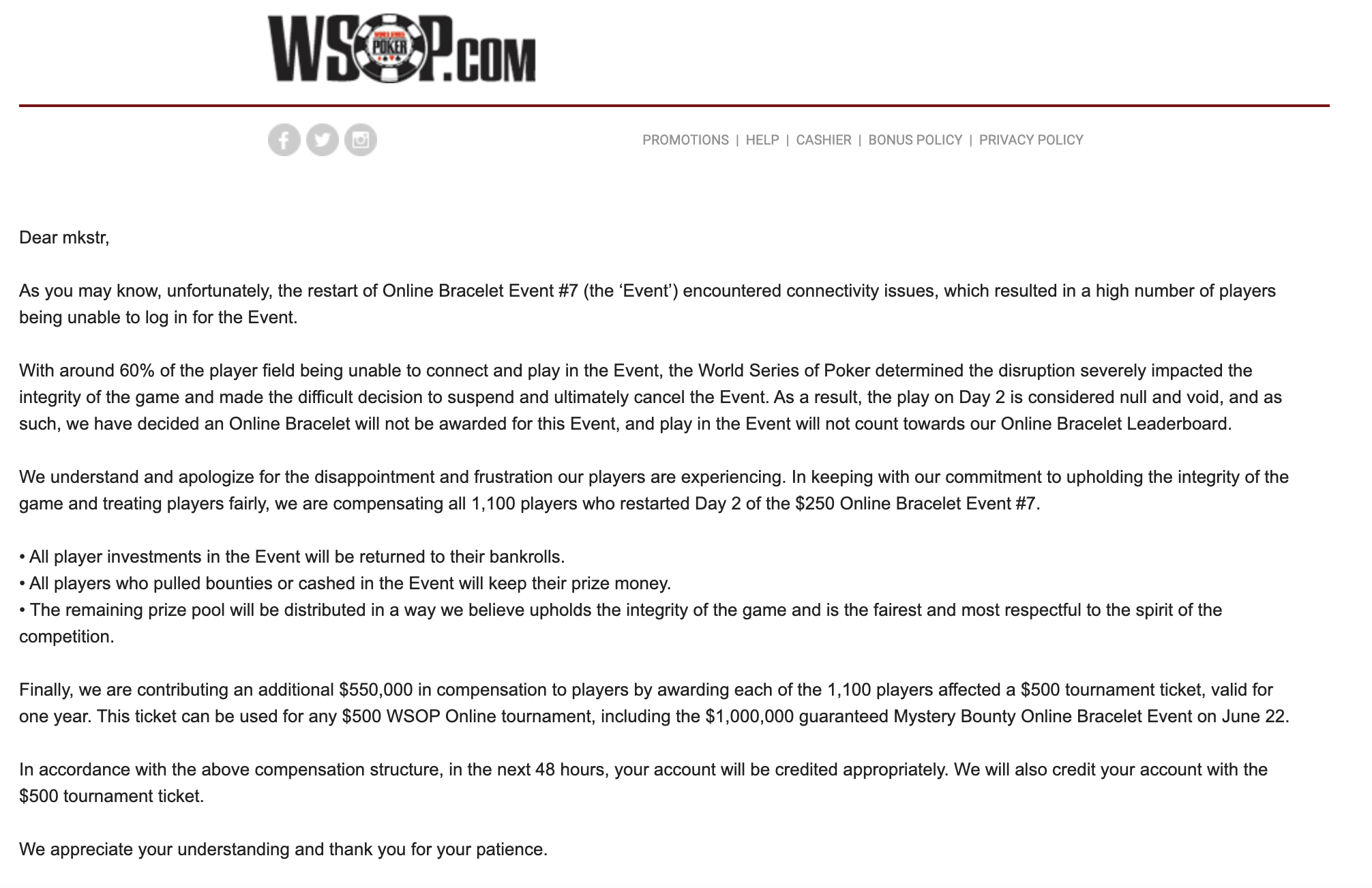 WSOP Online Poker Bracelet Event Cancelled on Day 2 Refund