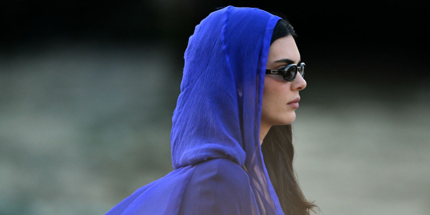Kendall Jenner Is Pantsless in Blue Dress and Sheer Hood in Venice