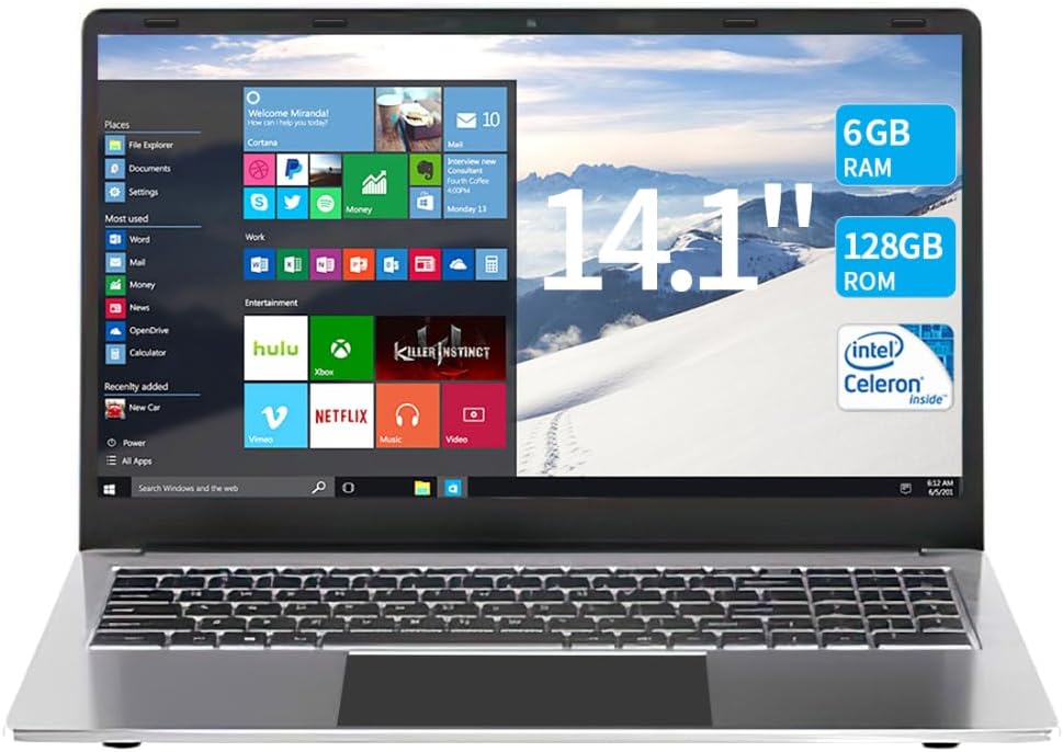 14.1″ laptops,Ultral Light Laptop Computer,6GB RAM,128GB Storage(64GB eMMC+ 64GB Card),with Celeron Processor (up to 2.4 GHz),1920×1080 FHD,Webcam, WiFi,Mini HDMI, USB,8000mAh(Dark Grey) 14.1″ laptops,Ultral Light Laptop Computer,6GB RAM,128GB Storage(64GB eMMC+ 64GB Card),with Celeron Processor (up to 2.4 GHz),1920×1080 FHD,Webcam, WiFi,Mini HDMI, USB,8000mAh(Dark Grey)