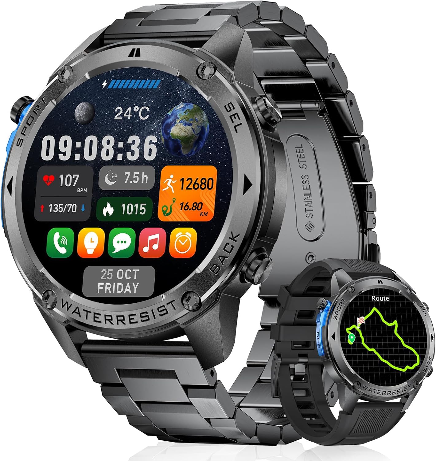GPS Smart Watch for Men Military Rugged Smartwatches,Compass,50M Waterproof, 500mAh Large Battery,Answer/Make Call, 1.43″ AMOLED Screen, Compatible for Android iOS (2 Bands) Black