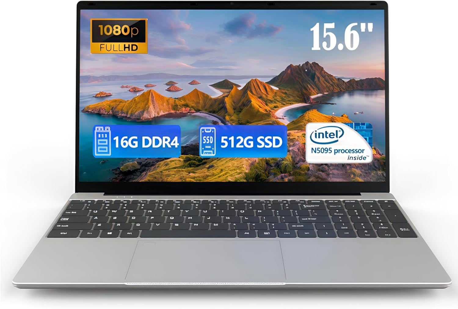 15.6 Inch Laptop Computers, 1080P IPS Screen,N5095 Processor 4C 4T Up to 2.9Ghz 16GB RAM 512GB SSD, Latops with Fingerprint Recognition Backlit Keyboard,WiFi, USB-C(Data),USB 3.0, Webcam, HDMI