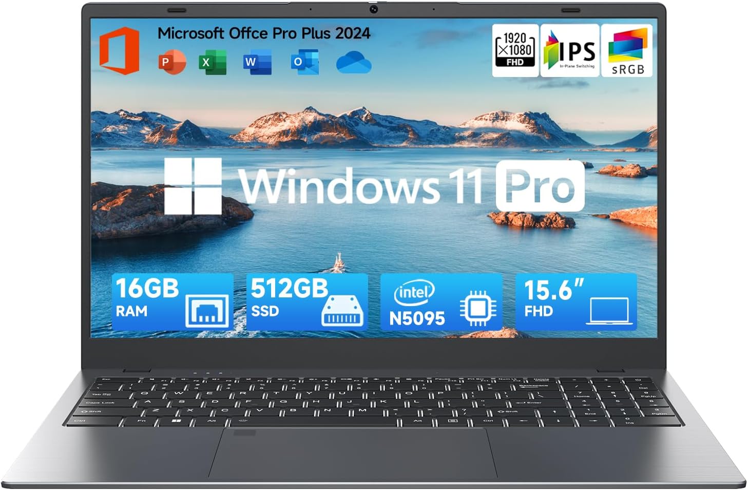 15.6 Inch Laptop-Computer with MS Office, 12th Gen Intel Quad-Core N5095, 16GB RAM 512GB SSD (Expandable to 2TB), Win 11 Laptop, Backlit, Fingerprint, Type-C, HDMI, USB3.2, BT5.0, WiFi 5G