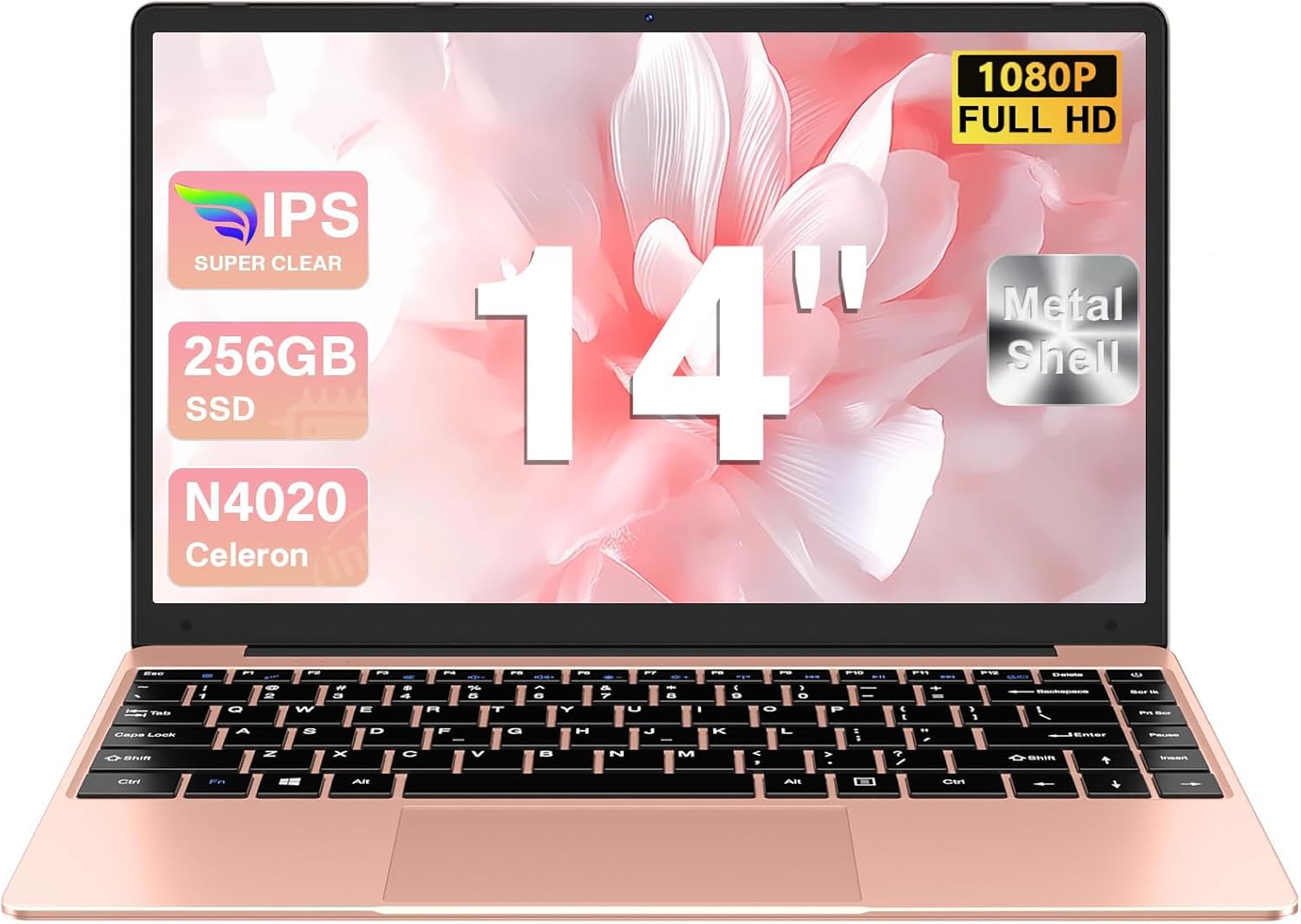 14″ Win 11 Traditional Laptop 256GB SSD Support SSD 1TB 512GB TF Expand Celeron N4020 Laptops 1920×1080 FHD Mini HDMl 2.4G+5G WiFi BT 4.2 512GB TF for Business and Students-Gold