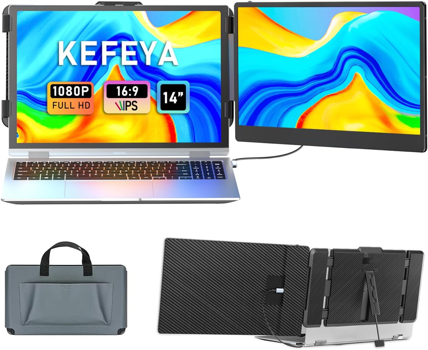 Laptop Screen Extender, 14″ FHD 1080P IPS Laptop Monitor Extender Dual Screen, Portable Monitor for Laptops 13-17″ with USB-C/HDMI Port, Plug n Play for Windows/Mac/Android/Switch/PS5