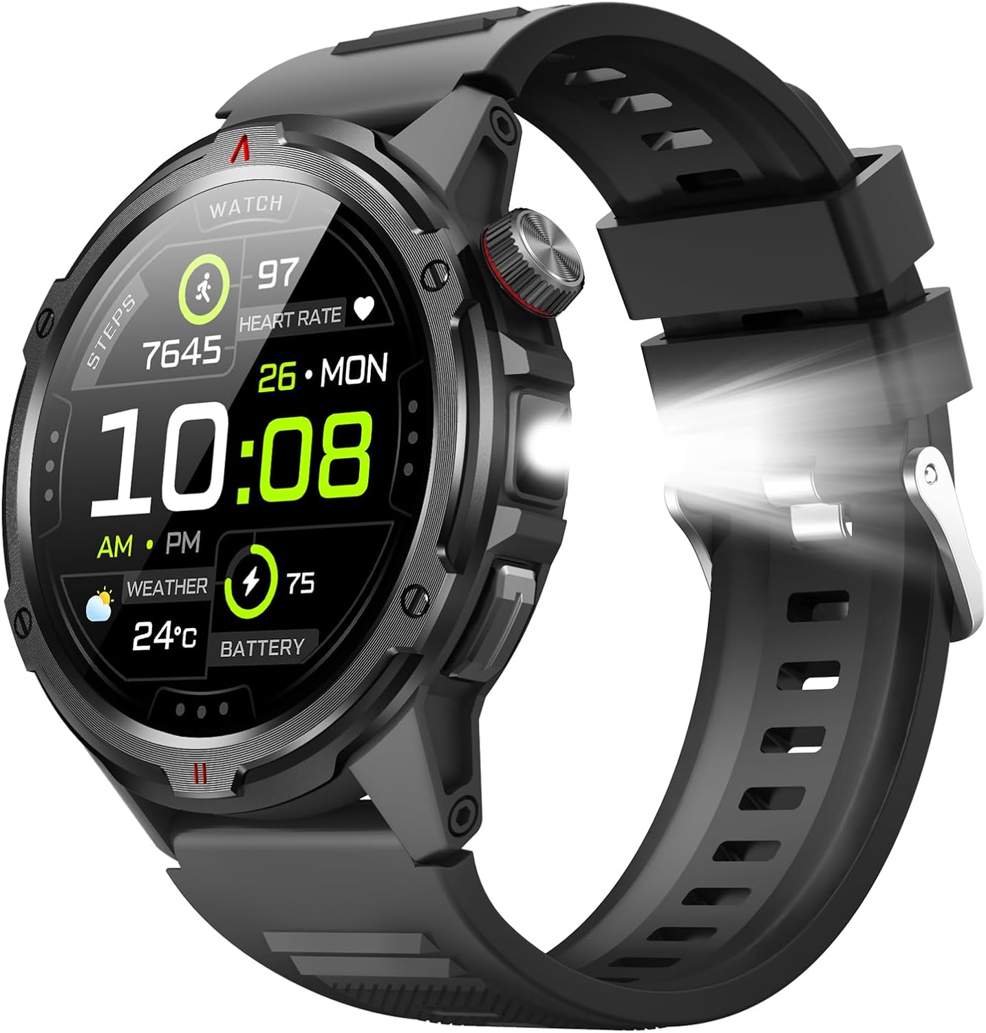 Smart Watch for Men (Answer/Make Calls) with LED Flashlight, 1.43″ HD Screen Outdoor Waterproof Smartwatch, 100+ Sport Modes, Heart Rate/SpO2/Sleep Monitor Fitness Tracker for Android iOS, Black