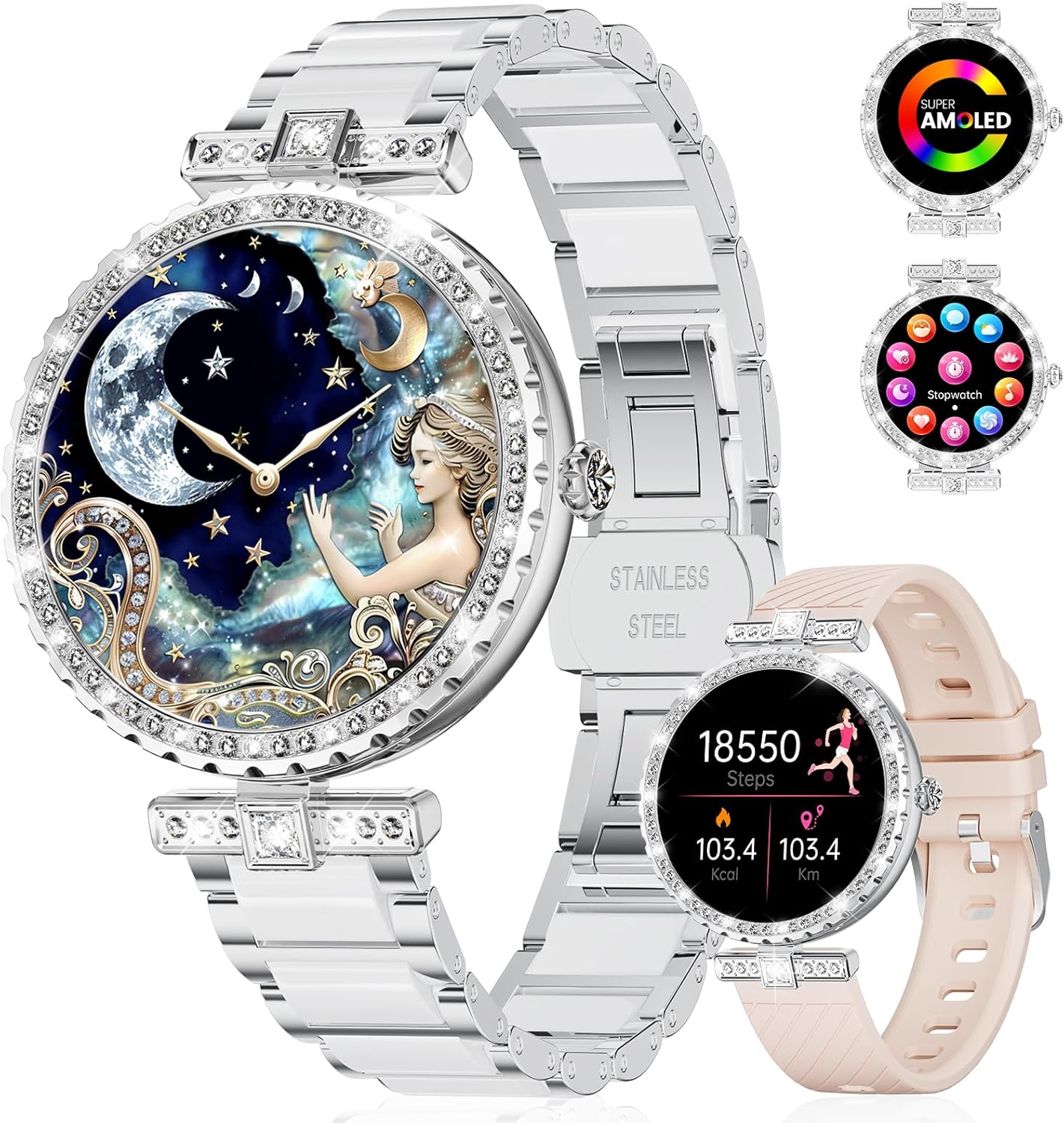LIGE Smart Watches for Women with Diamonds for Android iOS, 1.19″ AMOLED Smartwatch with 24/7 Heart Rate, Sleep Monitor, IP68 Waterproof, Make/Answer Call, 110+ Sport Modes, Ceramic Strap, Silver